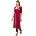 thumbnail image 3 of Bimba Georgette Maroon Straight Kurta Tunic Top Collar Neck 3/4 Sleeve Kurti, 3 of 9