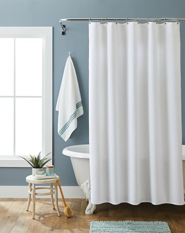 white and beige shower curtain