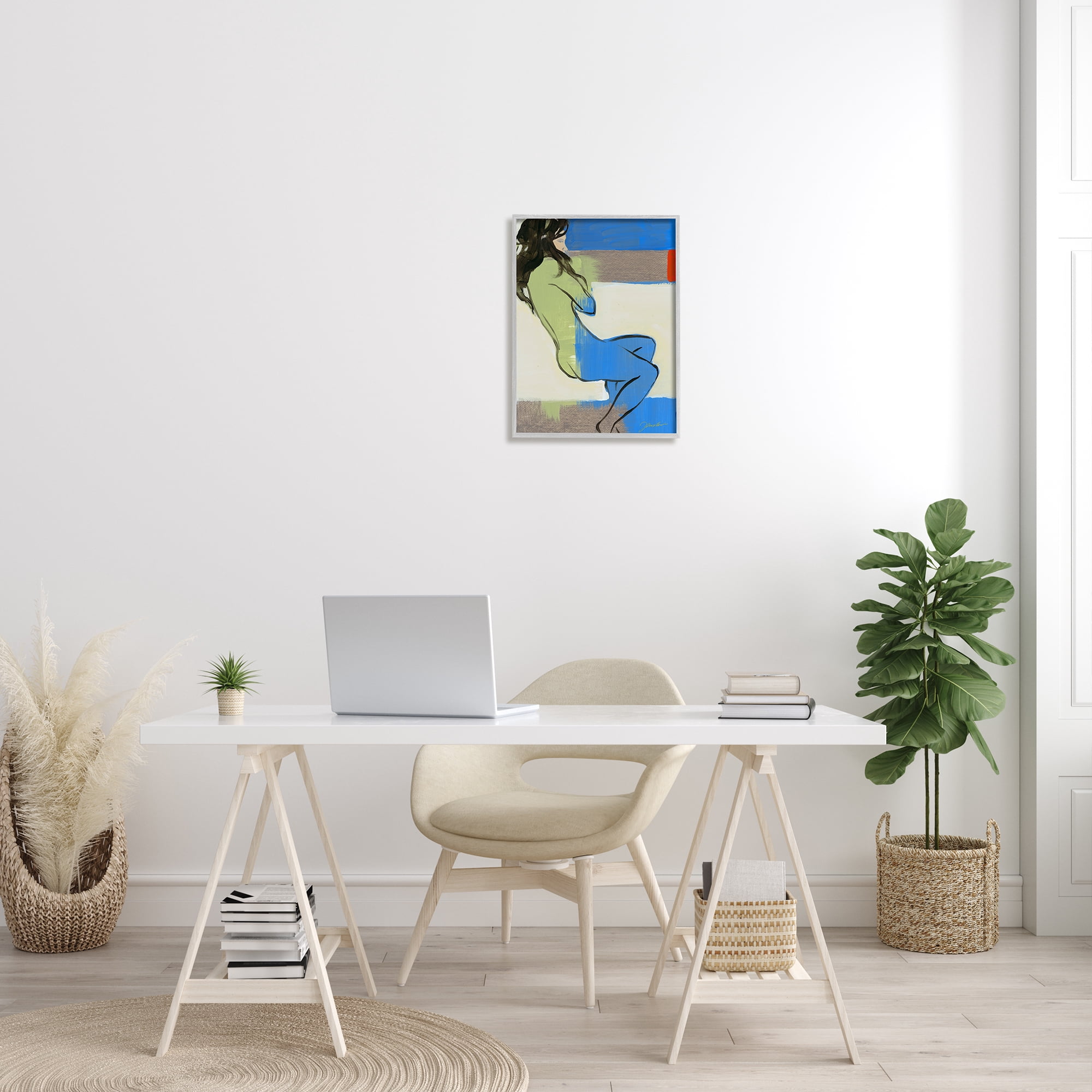 Stupell Industries Abstract Woman Laying over Geometric Shape Collage Abstract Painting Gray Framed Art Print Wall Art, 16 x 20