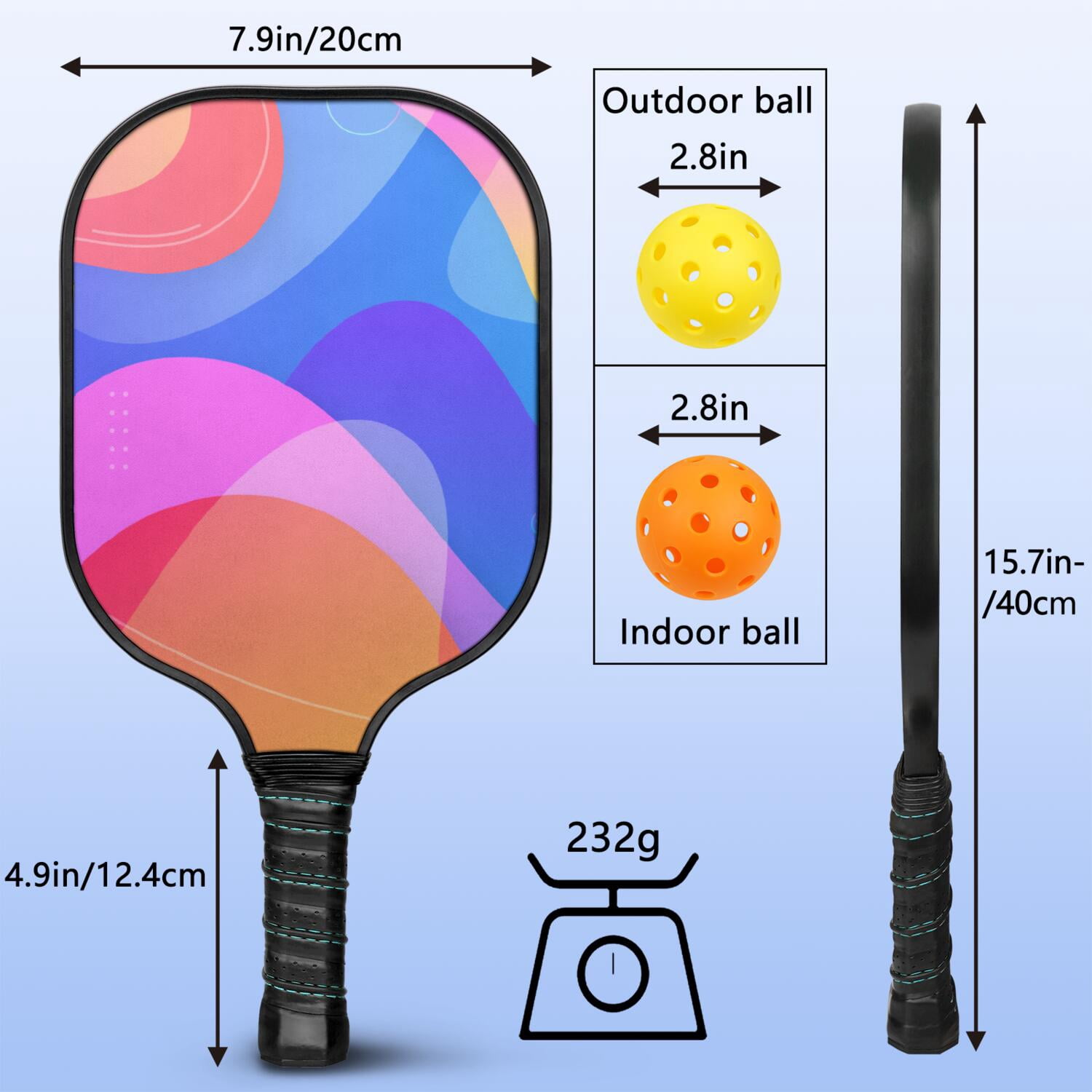 Pickleball Paddles Set Of 1, Fiberglass Surface, Neon Fluid Print, 1 Paddle, 2 Balls & Bag