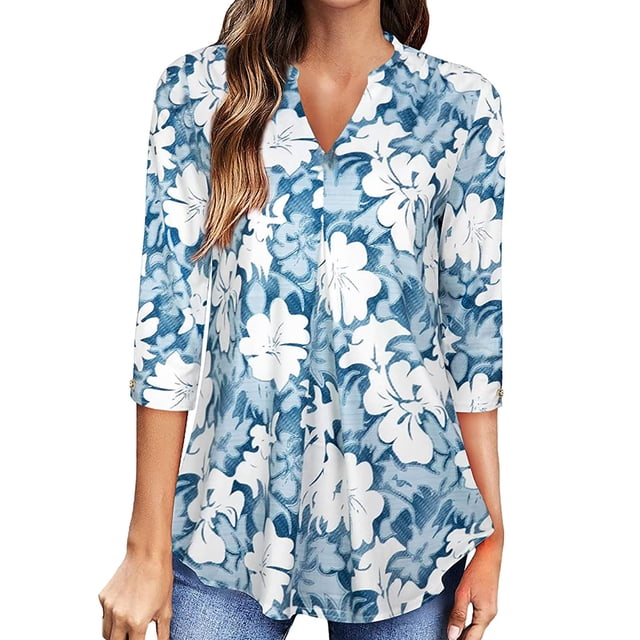DPTALR Blouse Femme Col en V Manches 3/4 Imprimée Automne Chandail Décontracté