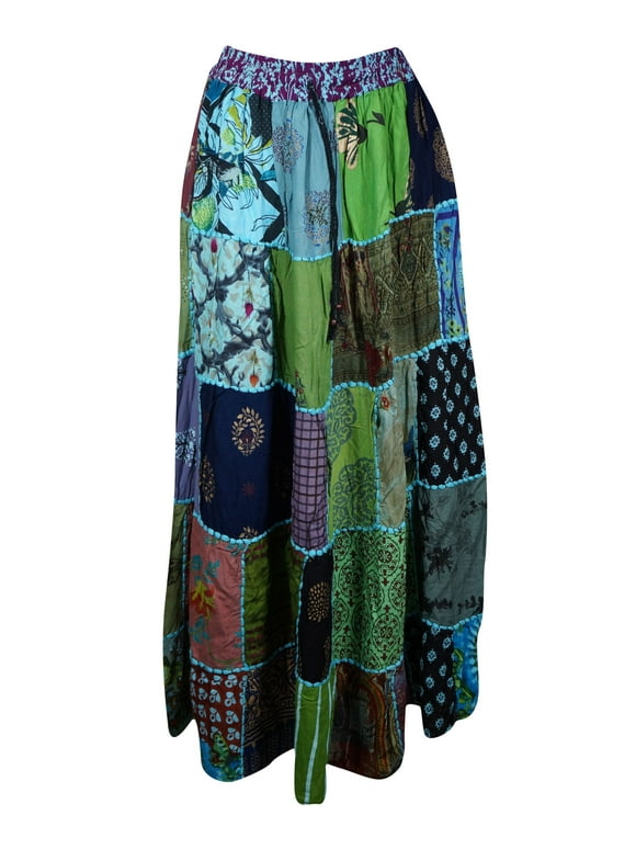 Mogul Women Cotton Patchwork Skirt Elastic Waist Green Blue Vintage Indian Style Handmade A-Line Long Skirts S/M