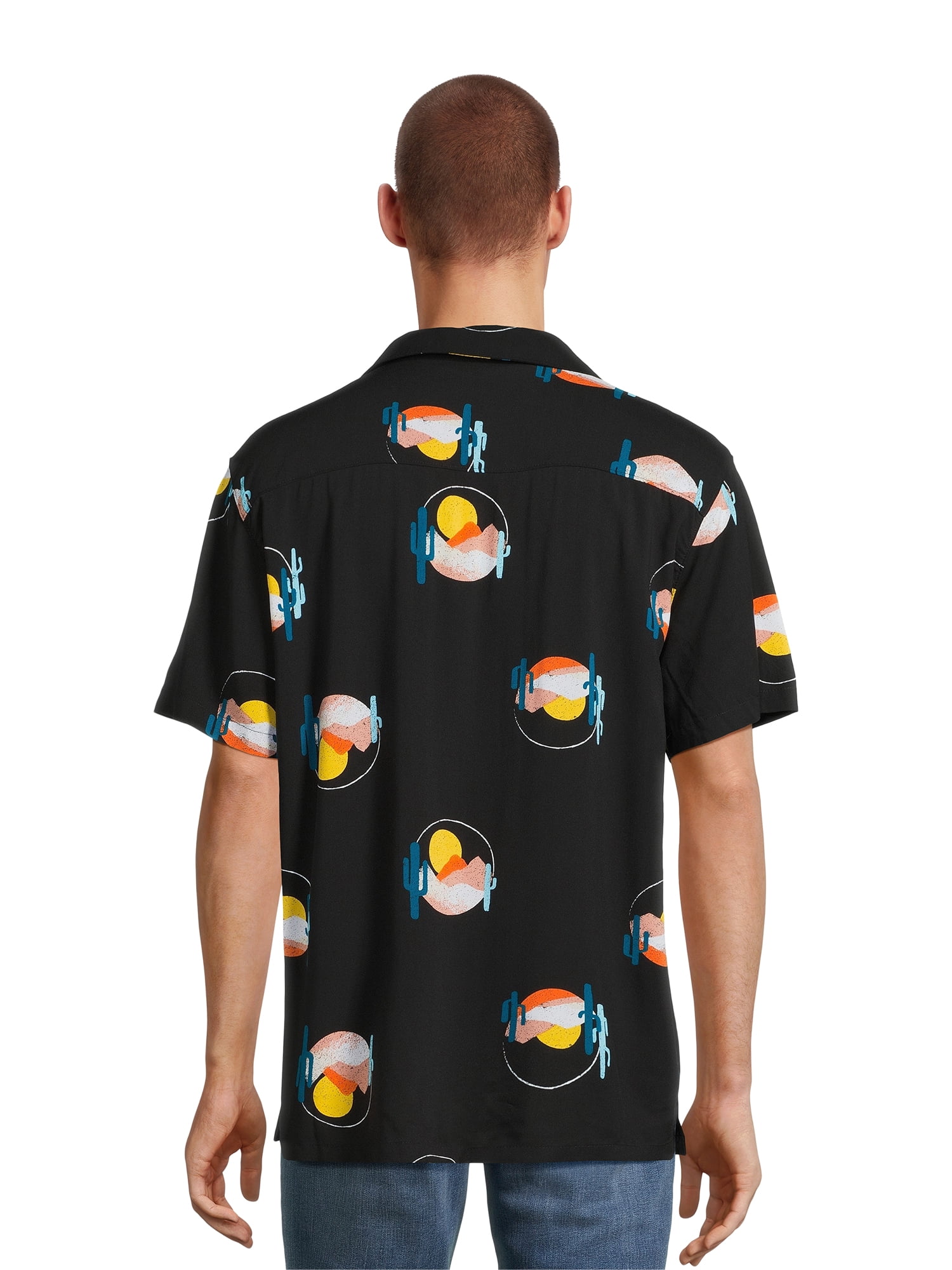 No Boundaries Men's Print Button Up Shirt with Short Sleeves, Sizes XS-3XL