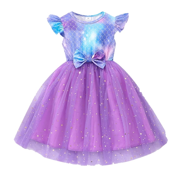 Girls Mermaid Dress Kids Summer Short Sleeve Swing Birthday Sundress 3-7Y