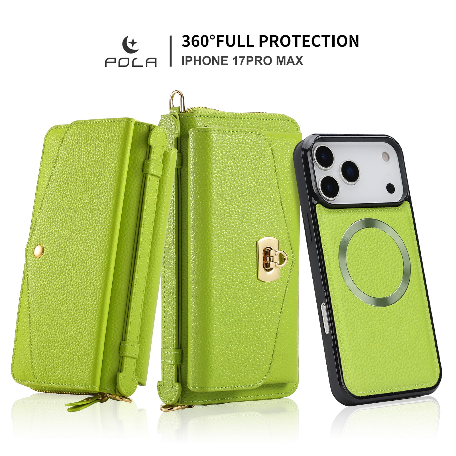 Dteck Crossbody Wallet Case for iPhone 17 Pro Max, Magnetic Detachable Floral PU Leather Phone Case with RFID Blocking Card Holder Wristlet Mirror Flip Zipper Shoulder Purse Bag for Women, Green