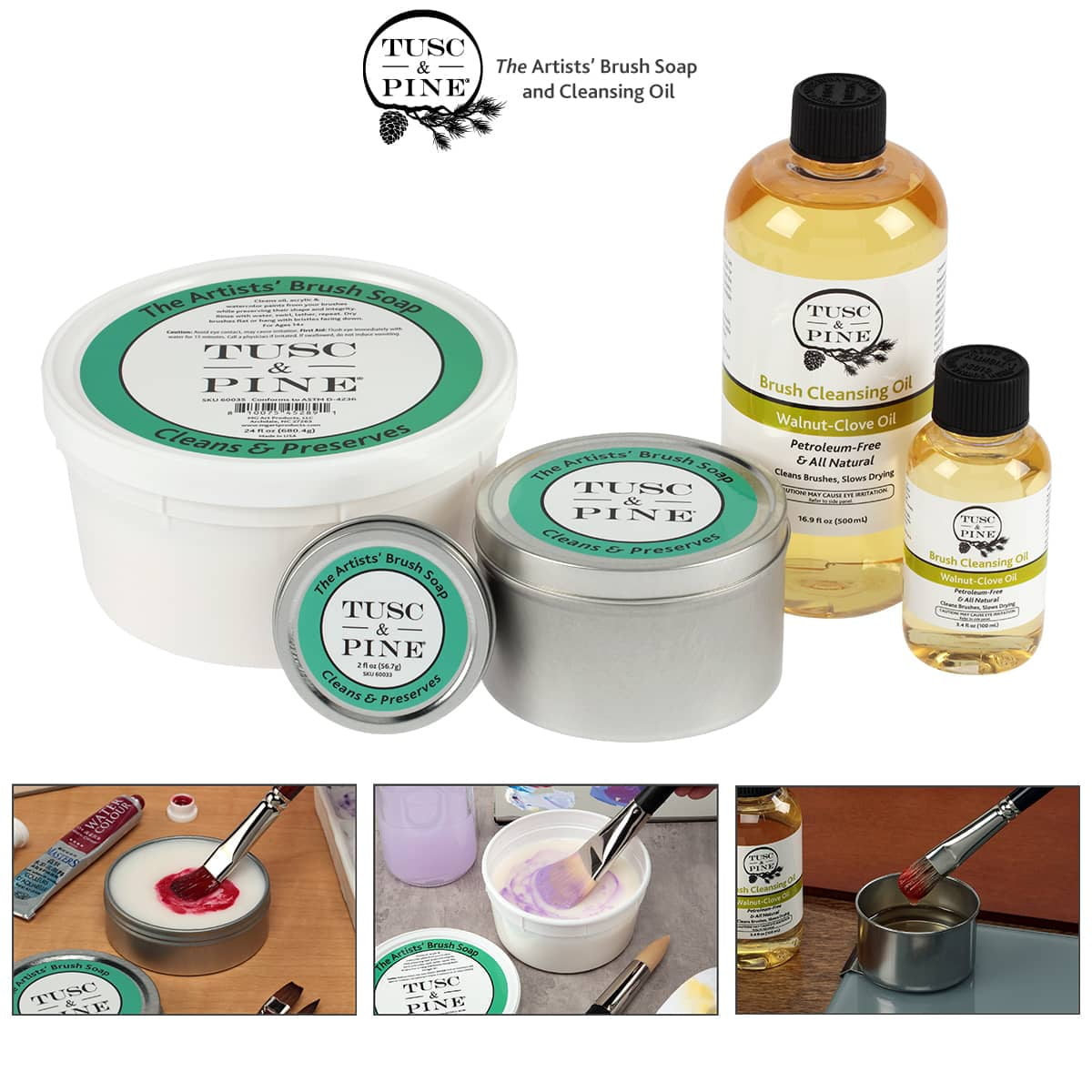 Tusc & Pine The Artists' Brush Soap - 12oz Plant-Based Brush Cleaner, Oil, Acrylic, Watercolor Paint - Nourishes Bristles; Made in North Carolina; Alkali Soap, Gentle Pine Fragrance