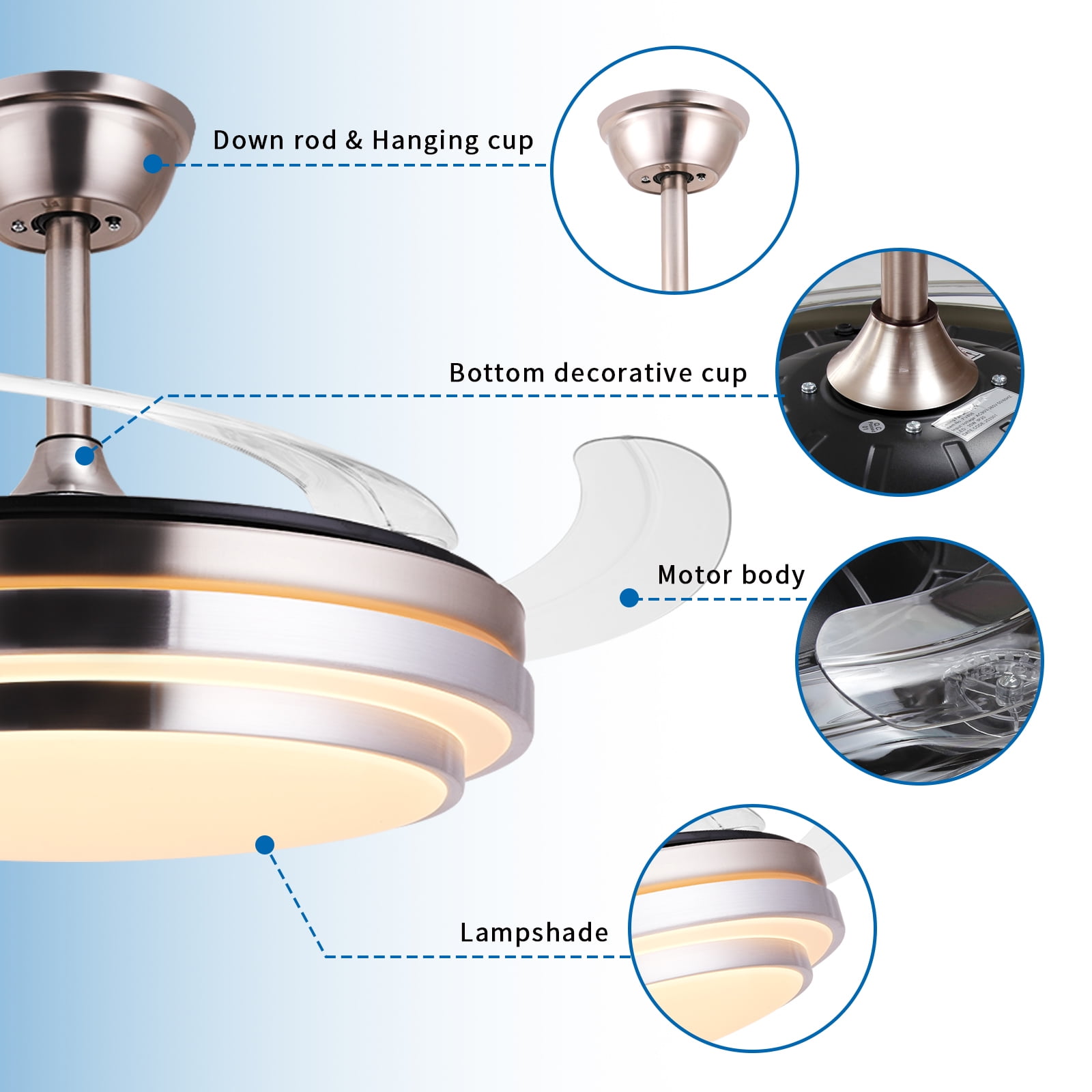 RJFKSNC 42" Smart Retractable Ceiling Fan with Light and Remote, Dimmable LED Fandelier, 6-Speed Reversible DC Motor, Brushed Nickel