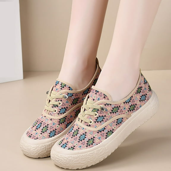 XIMIN Women's Linen Shoes Elegant Flat Heel Casual Footwear New Soft-Soled Lightweight Casual Canvas Lace-up Breathable One-Pedal Cloth Shoes