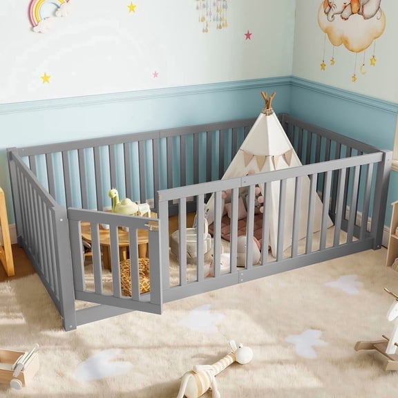 Bellemave Twin Size Floor Bed with Door and Fence, Twin Montessori Floor Bed, Wood Floor Bed with High Guardrails, Grey