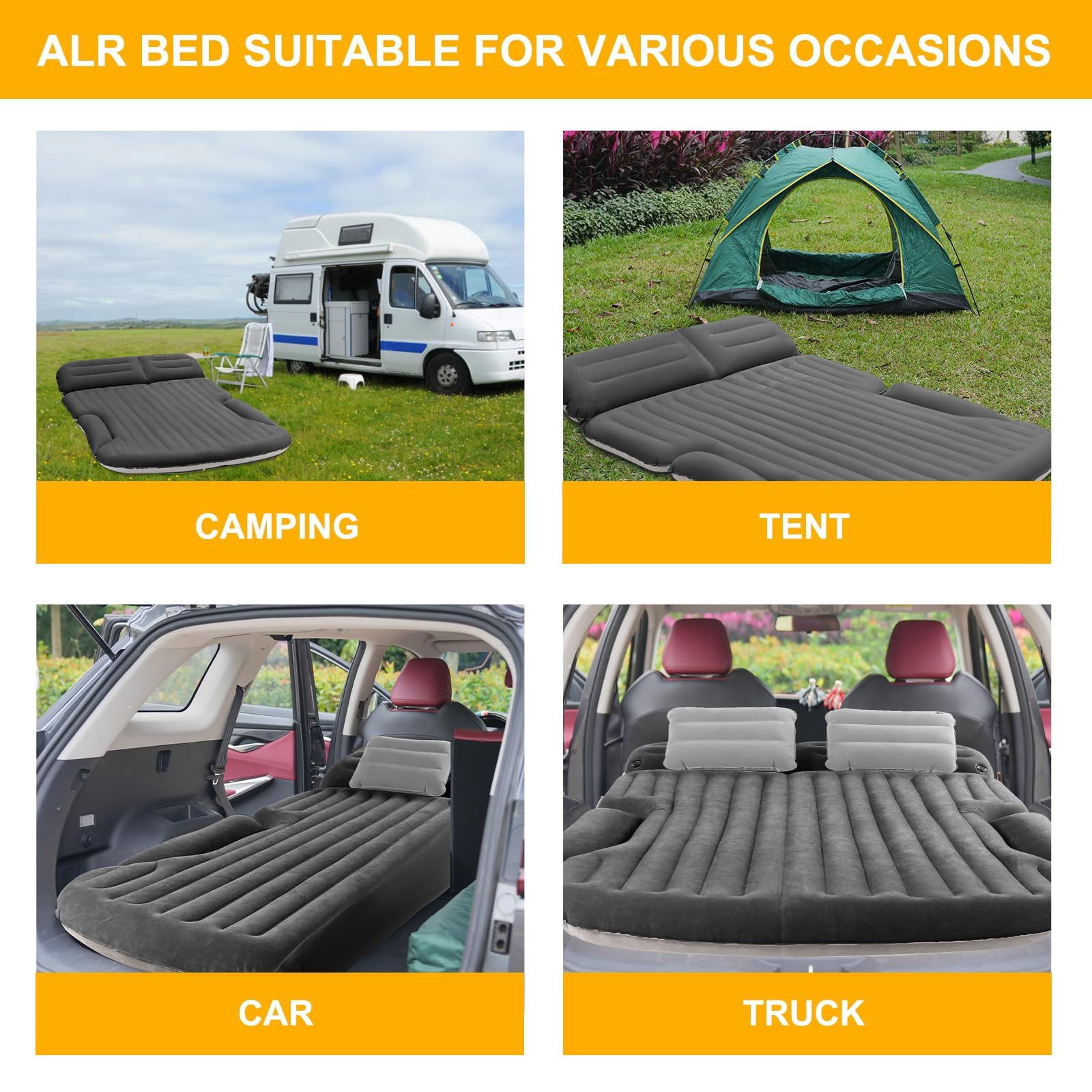 QDH SUV Air Mattress Thickened and Double-Sided Flocking Travel Camping Bed with 2 Pillows & Electric Pump Dedicated Mobile Cushion Inflatable Bed for SUV Trunk and Rear Seat (Dark Gray)