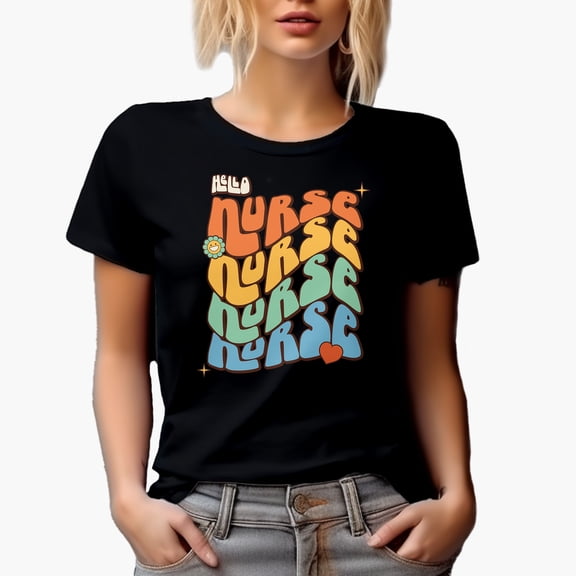 Hello, Nurse with Cute Flower & Heart, Medical Profession Themed, Groovy Retro Wavy Text Merch Gift, Black T-Shirt, Small