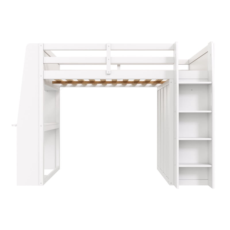 Full Size Wooden Loft Bed with Built-in Desk & Charging Station, Kids Storage Bed Frame with LED Light & Double Door Wardrobe