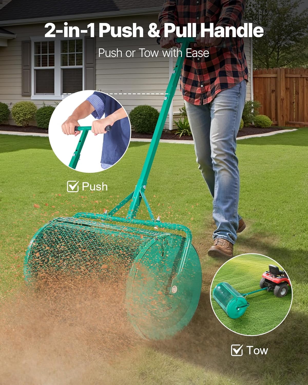 Garden Peat Moss Roller, Compost Spreader, 24 in Wide Heavy Duty Grass Seed Spreaders with T Shaped Handle, 3 Heights Adjustable, Powder-Coated Steel Peat Moss Spreader for Planting Seeding