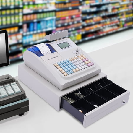 Miumaeov Electronic POS System Cash Register with 48 Keys 8 Digital LED Cash Register with Removable Cash Tray and Thermal Printer White