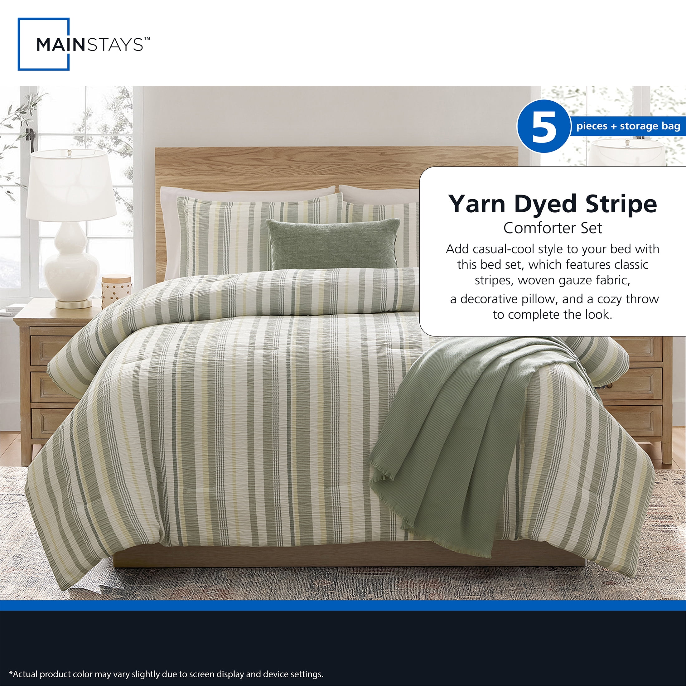 Mainstays Yarn Dyed Stripe 4-Piece Green Comforter Set, Twin/Twin XL