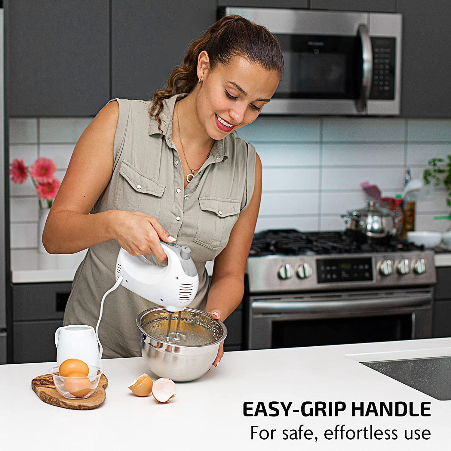 5-Speed Electric Hand Mixer with Stainless Steel Mixing Whisk, Snap-On Storage Case, Portable & Lightweight 150W Motor, Compact Handheld for Baking, Blending or Cooking, White HM151W