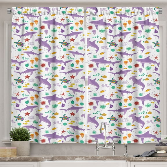 Ambesonne Nautical Kitchen Curtains, Tropical Fish Shark Art, 55"x39", Pale Purple Marigold