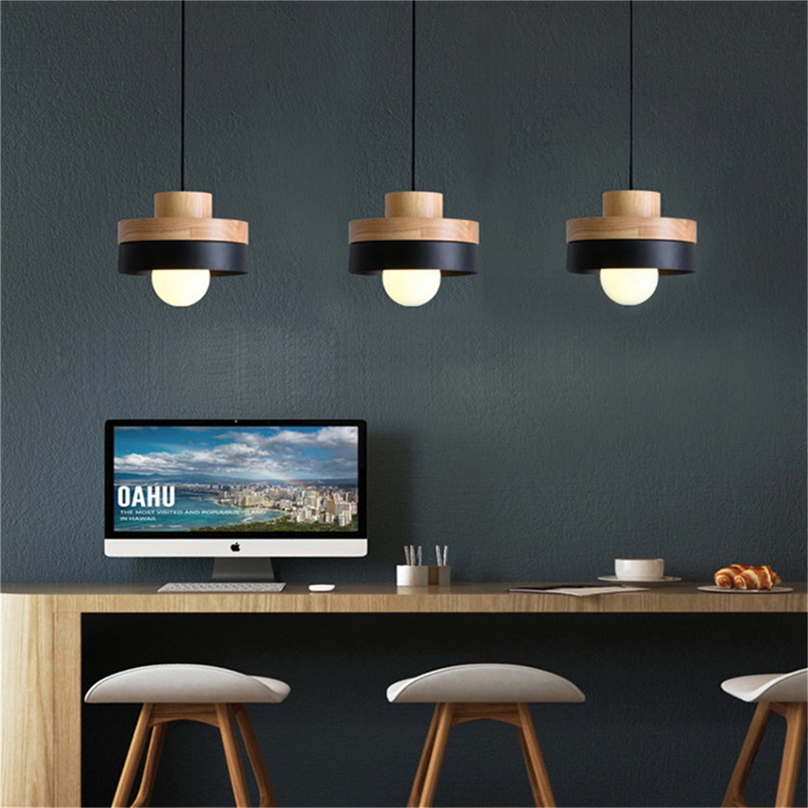 JLOWCO Led Hanging Lights with Plug in Cord,modern Pendant Lights Kitchen Island Lighting Black Hanging Light Fixture Wood (LED Bulb Include)