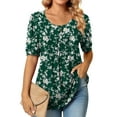 thumbnail image 2 of AYOLLA 2023 Spring-Summer Women's Round Neck Puff Short Sleeve Pleated Fashion T-Shirts loose fit Tops Casual Tunic Blouse for leggings L,Floral-green, 2 of 4