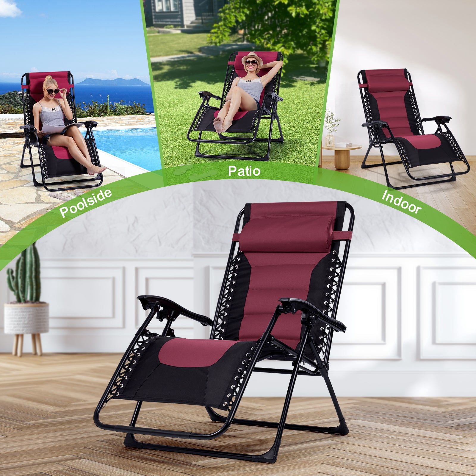 Backyard Expressions Deluxe XL Padded Recliner Zero Gravity Chair – Ergonomic Anti Gravity Lounger with Folding Design, Side Tray, and Adjustable Headrest