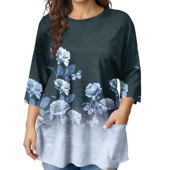 GIPQJK Plus Size Tops for Women 3/4 Sleeve Round Neck Loose Shirts Basic Floral Tunic Tops Casual Lightweight Blouses with Pockets,Dark Blue XL