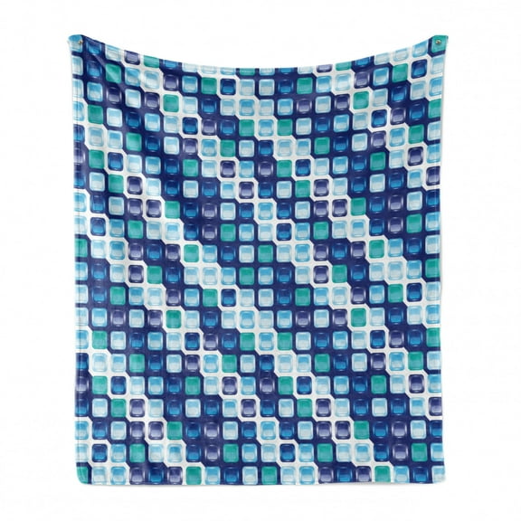 Blue Soft Flannel Fleece Throw Blanket, Retro Style Vintage Modern Design with Mosaics and Geometrical Squares, Cozy Plush for Indoor and Outdoor Use, 60" x 80", Pale Blue Dark Blue, by Ambesonne