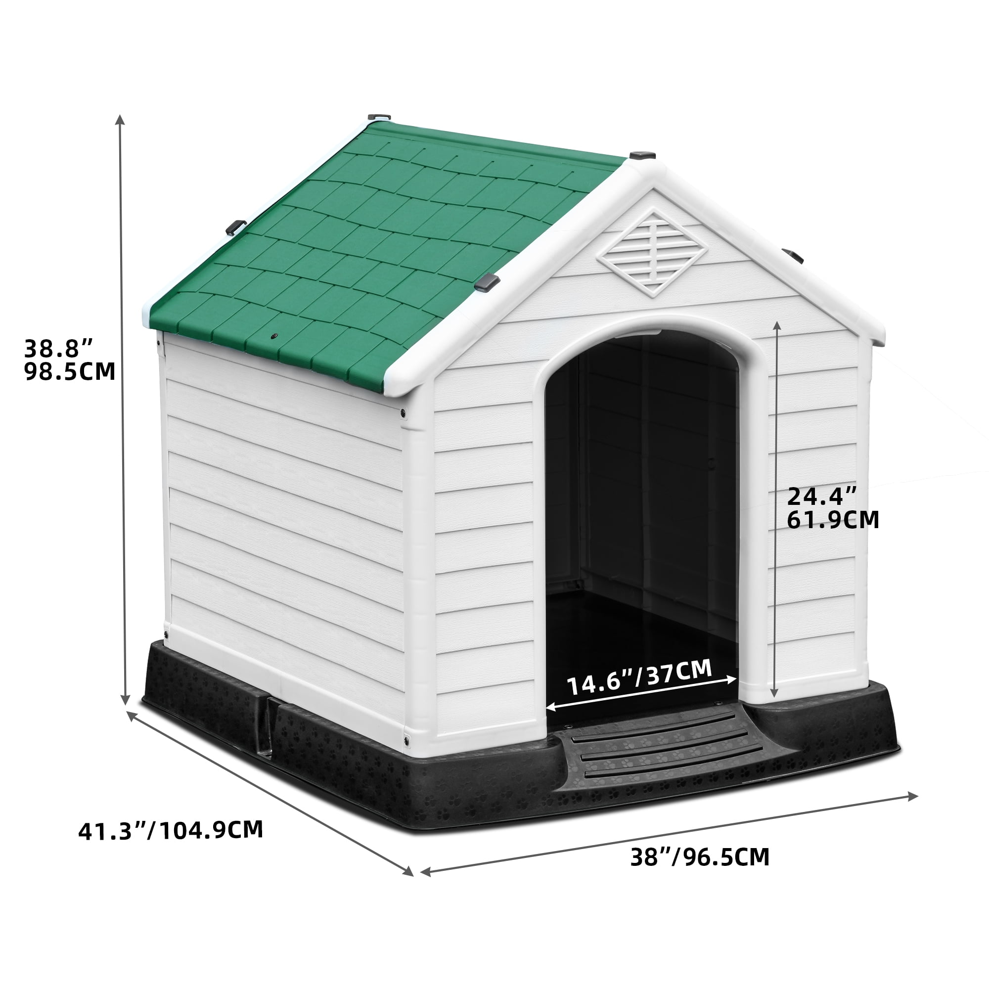 Dextrus Large Plastic Dog House Outdoor Indoor Dog Puppy Shelter Water Resistant with Air Vents and Elevated Floor (41''L*38''W*39''H, Green)