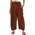 thumbnail image 2 of Women's Casual Pants Womens Elastic Waisted Pleated High Waisted Wide Leg Pants Loose Casual Cotton And Linen Cropped Pants Beach Casual Pants,Brown Women's Casual Pants S, 2 of 4