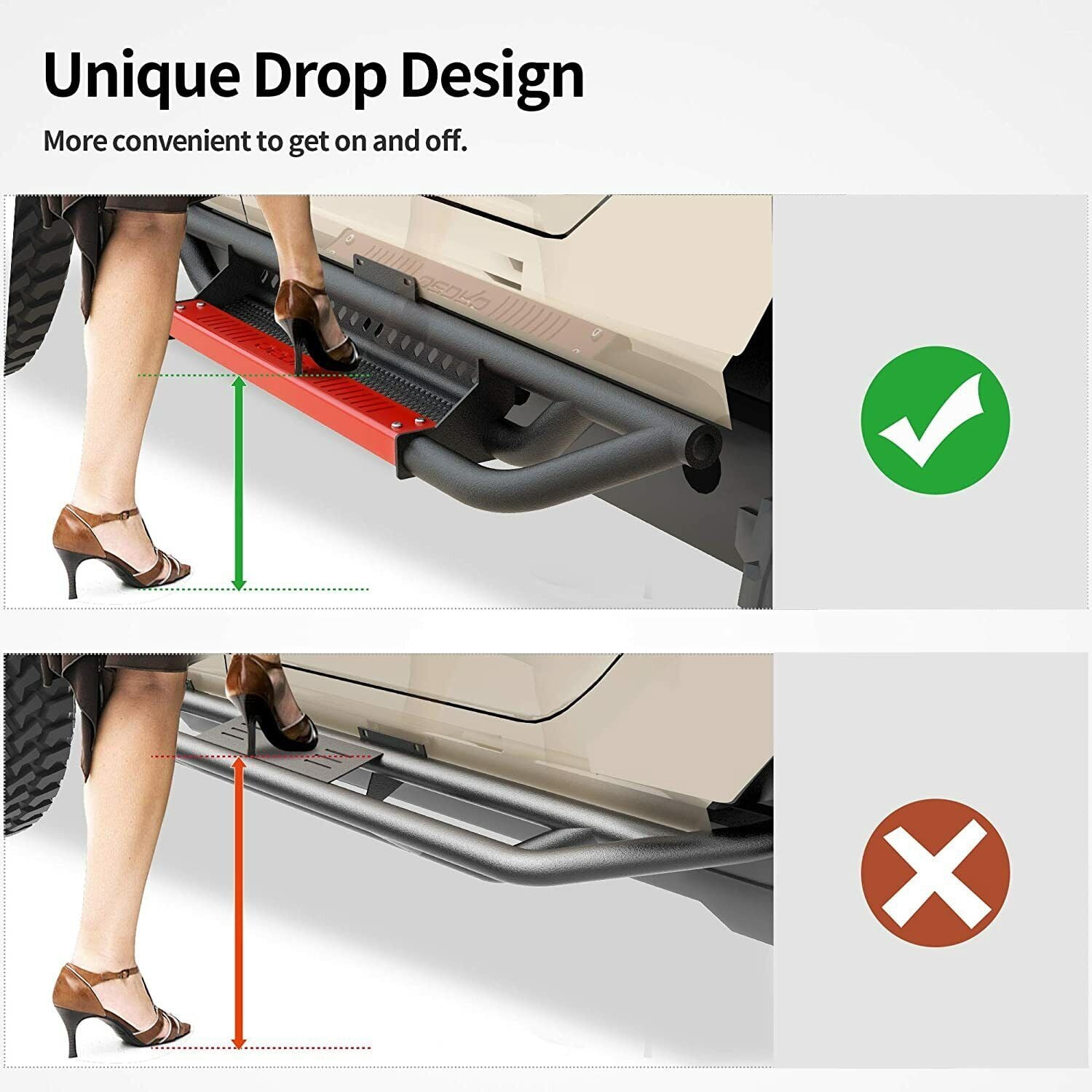 RVNI Side Step for 2007-2018 Jeep Wrangler JK 2 Door, Stainless Steel Nerf Bar Running Board Red Paintable Step Plates