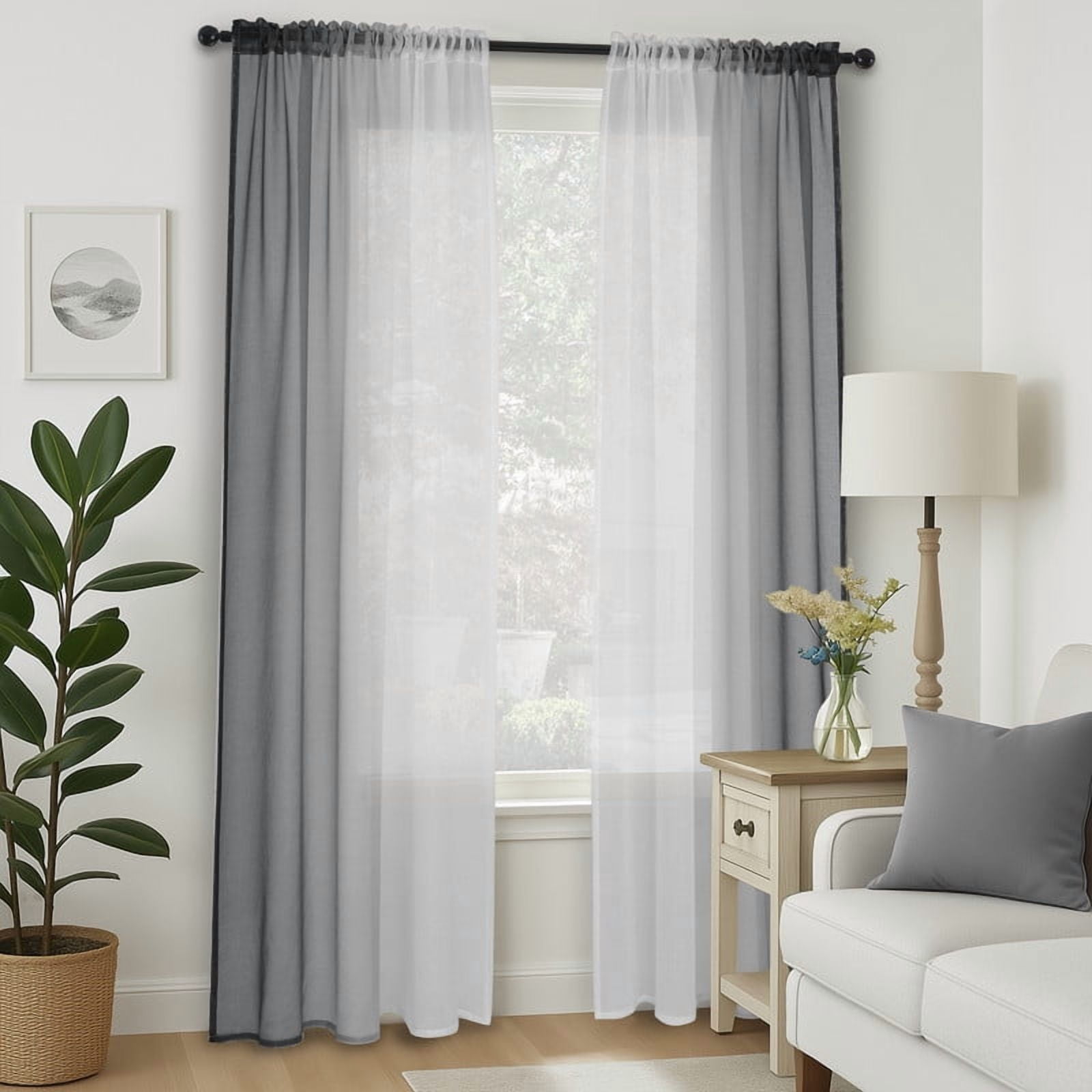 Topfinel Grey Faux Linen Ombre Sheer Curtains,Semi Voile Gradient Rod Pocket Curtains for Bedroom and Living Room, Set of 2 Window Curtain Panels, 54 x 72 Inch Long