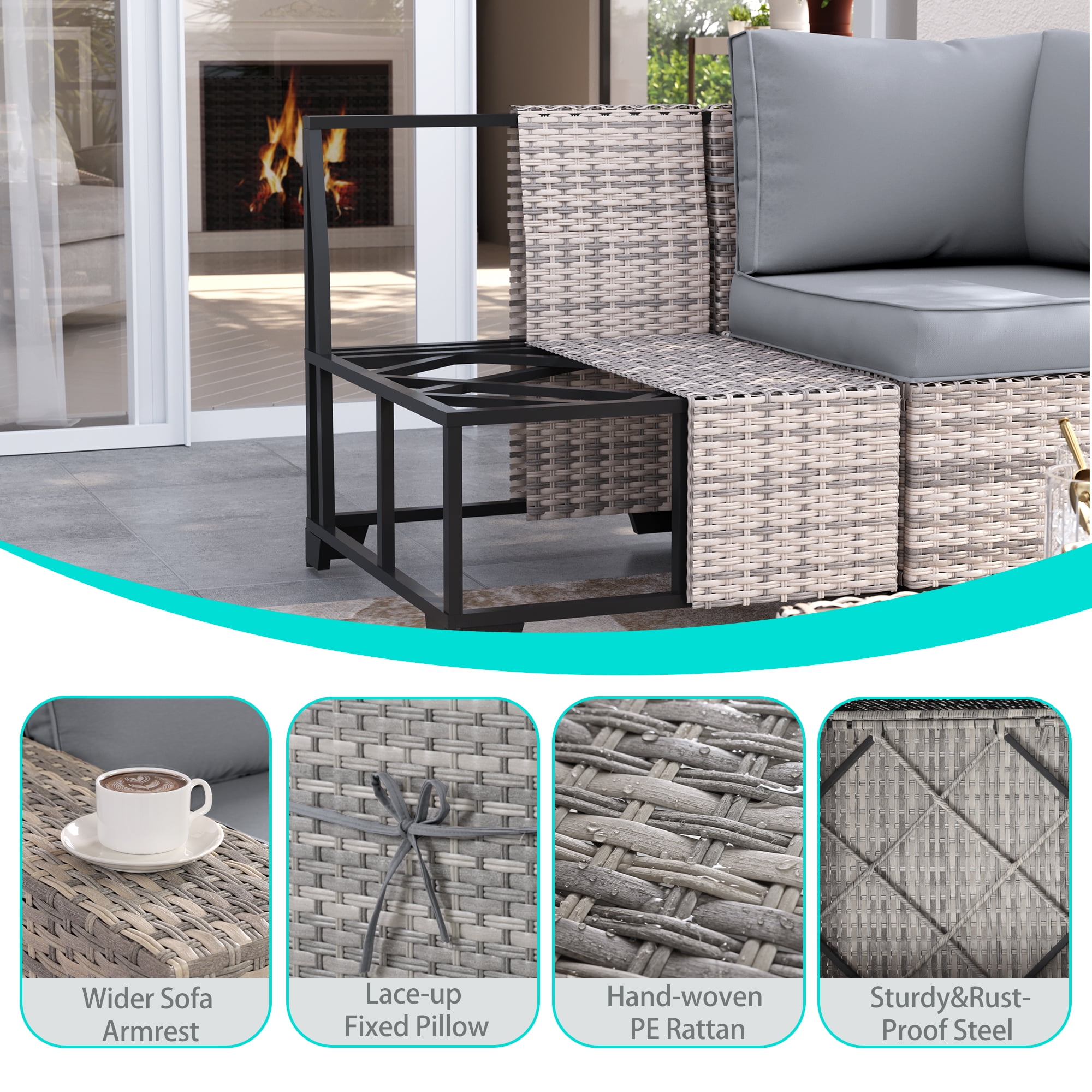 Sweecci 6 Piece Outdoor Patio Furniture Set, Ergonomic Wicker Patio Sectional Sofa with Stable Feet, 4" Cushions Conversation Set with Wood Table for Backyard Garden Deck,Grey