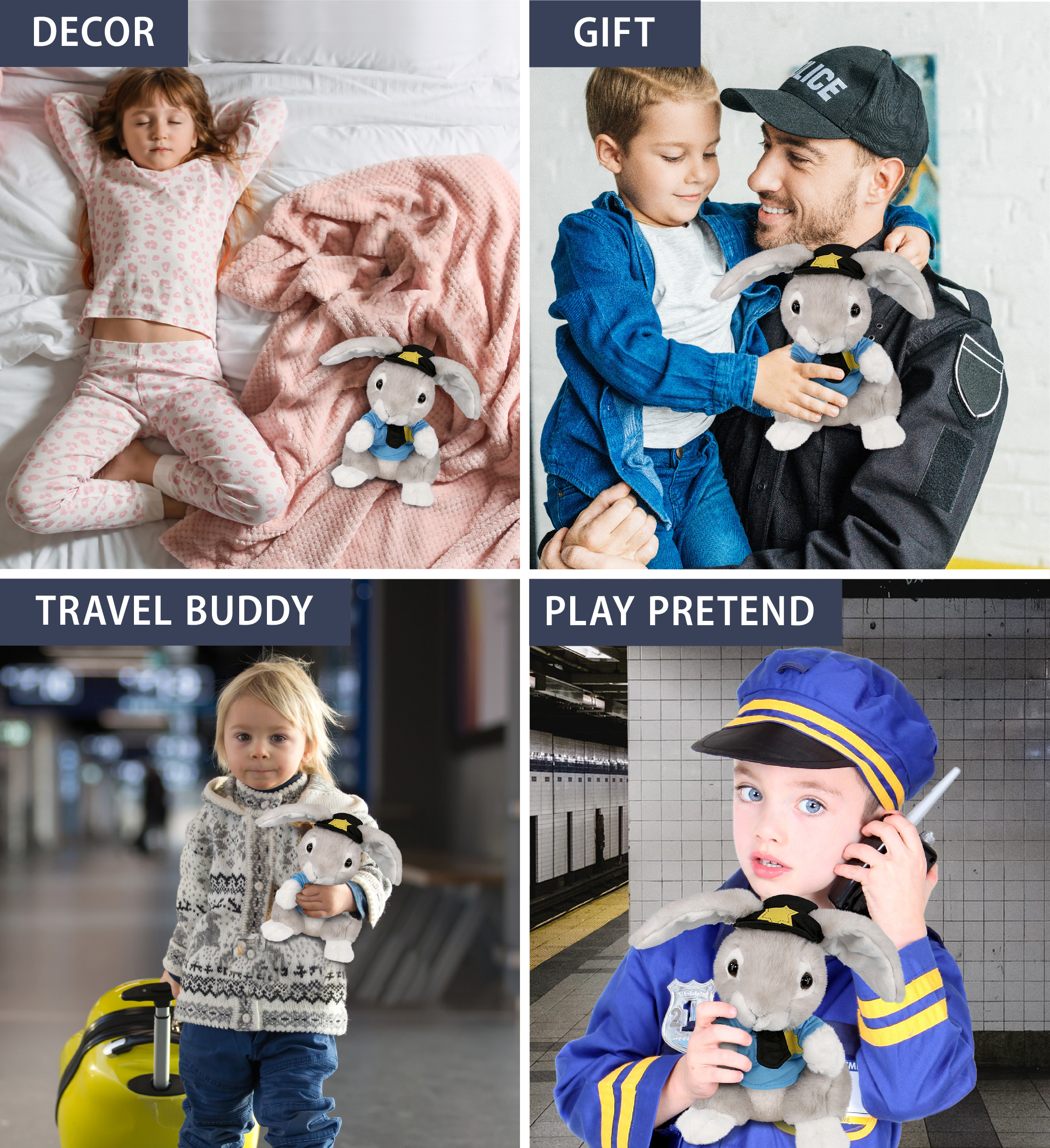 DolliBu Grey Rabbit Police Officer Plush Toy - Soft Rabbit Cop Stuffed Animal Dress Up with Cute Cop Uniform and Cap Outfit - Super Soft Farm Life Animal -  6.5 Inches