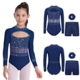 thumbnail image 3 of Runhomal Kids Girls Shiny Rhinestone Long Sleeve Gymnastic Leotard Ballet Tumbling Dance Unitard with Shorts Set Navy Blue 10, 3 of 5