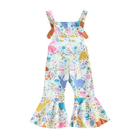 

Toddler Girls Easter Rabbit Carrot Printed Jumpsuit Suspender Trousers For Baby Lovely Cartoon Clothes Outwear Outwear