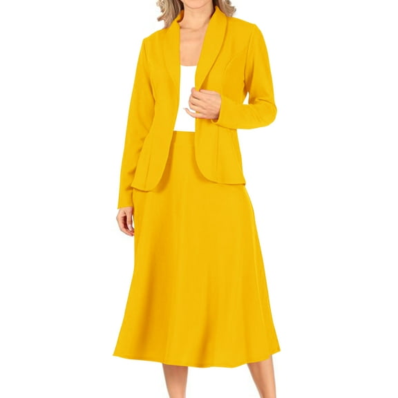 Women's Two Piece Lightweight Solid Long Sleeve Casual Blazer Relaxed A-Line Midi Skirt