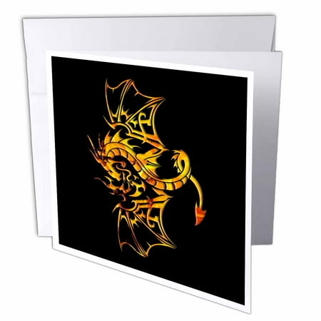 3dRose, Flying fairy fire dragon with horns and wings on black background, 1 Greeting Card with envelope