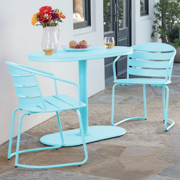 Christopher Knight Home Minimalist 3-Piece Outdoor Bistro Set, Oval Table & Slatted Chairs, Matte Light Blue
