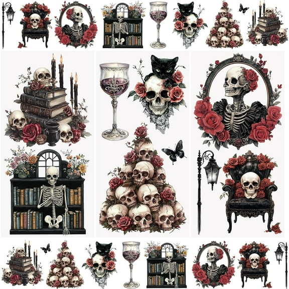 3 Sheets Rub On Transfer Stickers Retro Skull Theme Waterproof Decals Furniture Craft Decorative for DIY Scrapbooking Photo Albums,15 * 30cm
