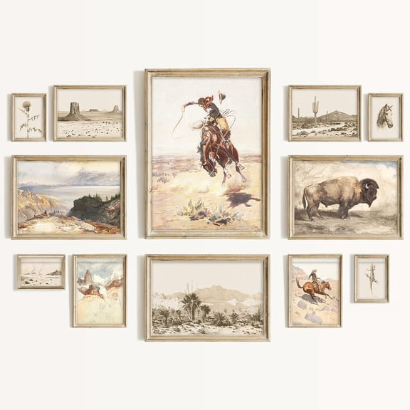 Western Cowboy Canvas Wall Art Set, Vintage Western Print Cowboy Rodeo, Desert Landscape, Bison Farmhouse Picture, Rustic Southwest Wall Decor for Bedroom Eclectic Home Bathroom (Unframed)