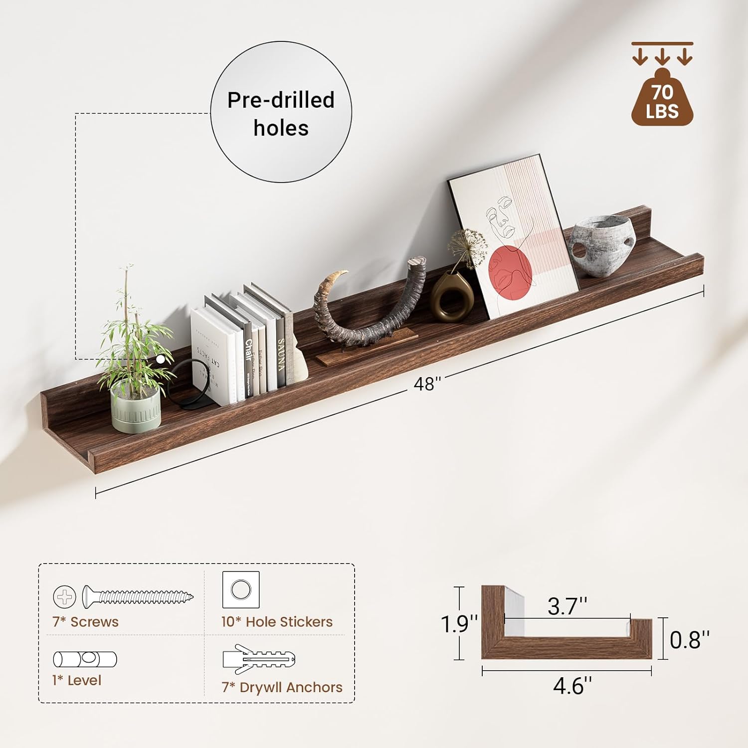 Floating Shelves for Wall Set 2 of 48 inches Picture Ledge Shelf 96 inches Totally,Solid Wood Walnut Shelves for Room Wall to Display and Storage Photo Picture,Vinyl,Toy,Spice,Perfume,Book etc.