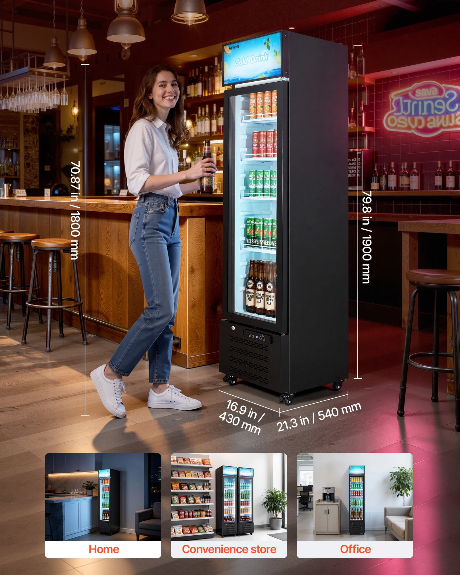 VEVOR Commercial Merchandiser Refrigerator, 7.5 Cu.Ft / 213 L Glass Door Display Refrigerator, Upright Beverage Cooler with Customizable Lightbox,4 Adjustable Shelves & Soft LED Light for Homes Shops