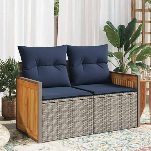 vidaXL Patio Sofa with Cushions 2-Seater Gray Poly Rattan