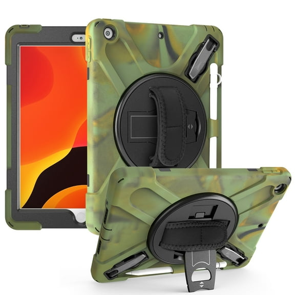 Dteck Case For Apple iPad 10.2" 8th Generation 2020 Released,Shockproof Armor Rugged Rubber Hard Back Heavy Duty Protective Hard Strap Kickstand iPad 7th Gen 10.2" 2019 Cover,Armygreen