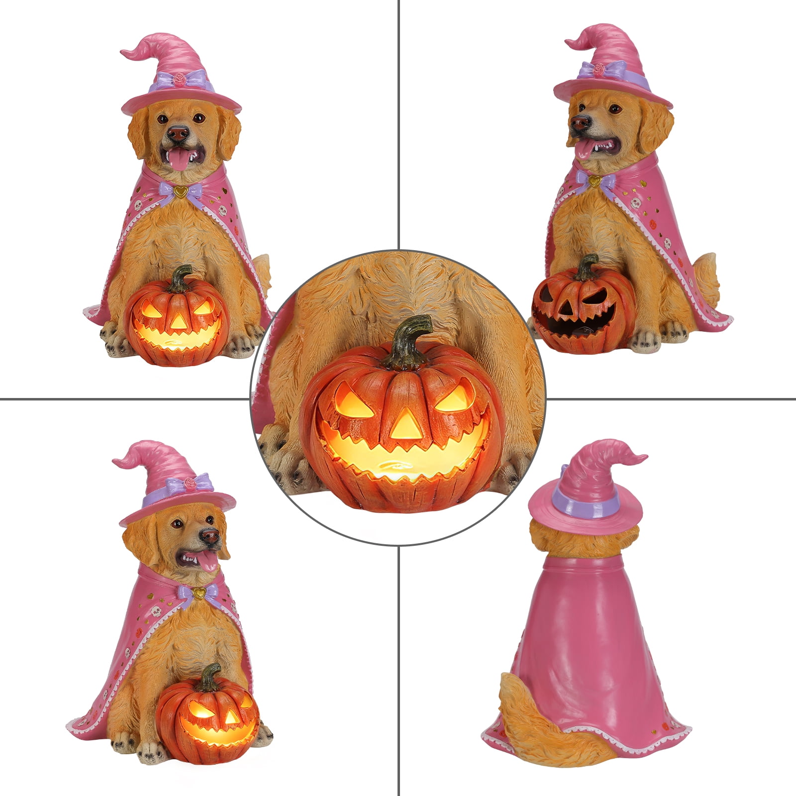 Golden Retriever Statue 19.69 Inch, Halloween Dog Figurine with Pink Witch Hat and LED Pumpkin, Large Sitting Dog Decor for Porch and Outdoor Display, Brown and Pink