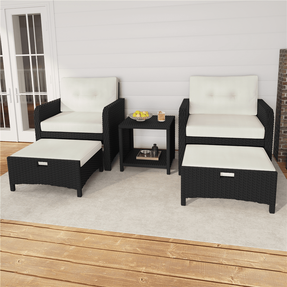 Renwick 5-Piece Outdoor Conversation Set with Table Chairs Ottomans, Black/Beige