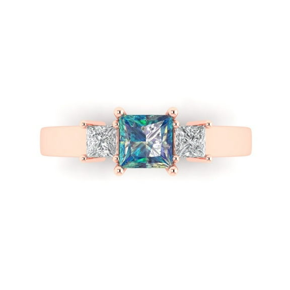 Three-Stone Engagement Ring for Women - 1.11ct Blue Moissanite in 14K Rose Gold Promise Ring