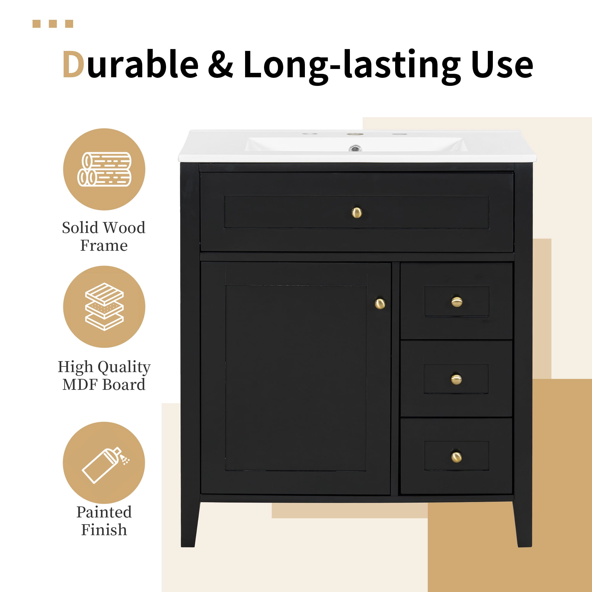 Anpport 30" Freestanding Bathroom Vanity with Sink, Modern MDF & Rubberwood Cabinet, 3 Drawers, Adjustable Shelf & Left‑Side Door, Black