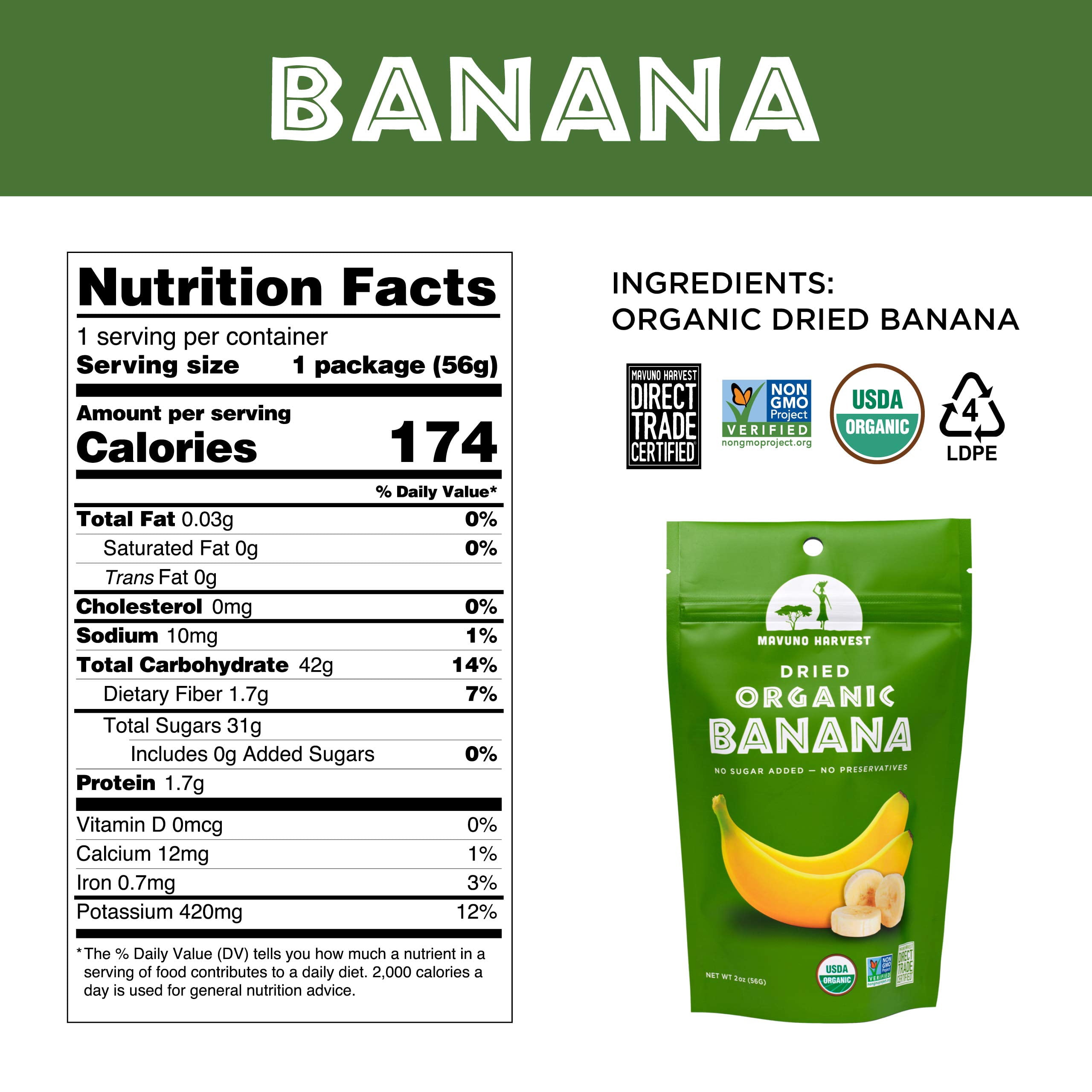 Mavuno Harvest Dried Banana Chips Fruit Snacks | Organic Dried Banana | Healthy Snacks for Kids & Adults | Unsweetened Banana Chips | Gluten Free Snack | Vegan, Non GMO, Direct Trade | 2 Oz, Pack of 6