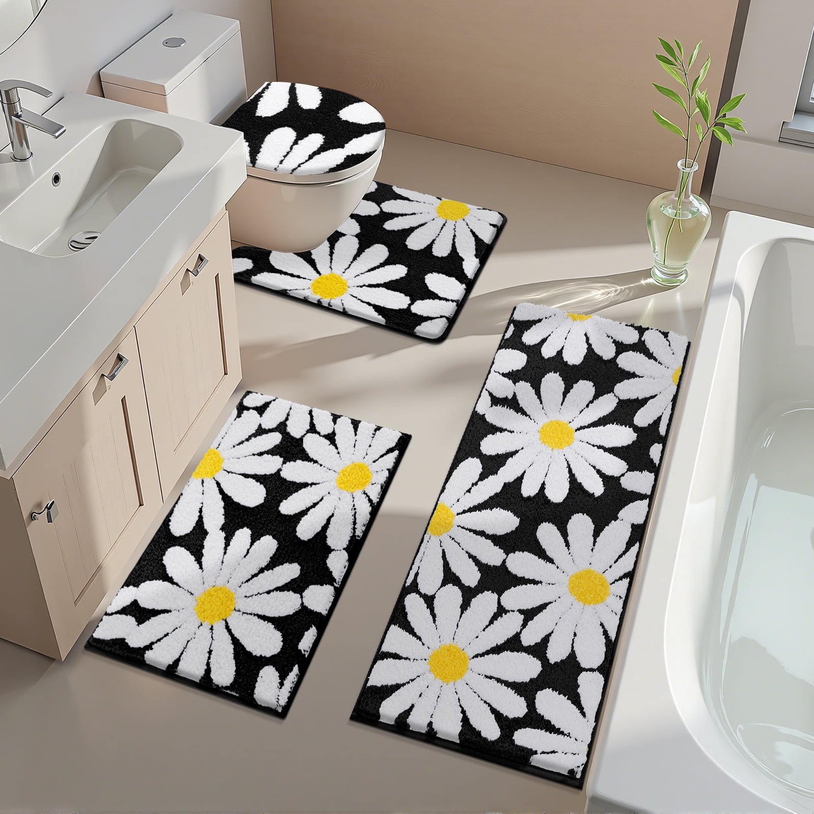 Bathroom Rugs Sets 4 Piece with Toilet Lid Cover, Non Slip Bathroom Mats Extra Soft Bath Rugs Absorbent Shaggy Rugs Perfect Plush Mats U-Shaped Toilet Rug and Toilet Cover