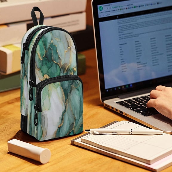 Backpack Pencil Case, 3 Compartment Large Capacity Oxford Fabric Pencil Pouch / Golden Green Marble Crack